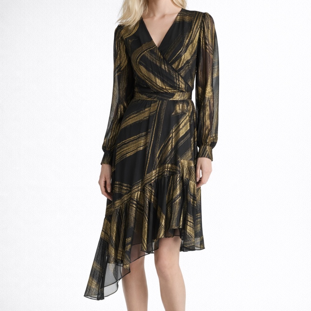 🆕💛DKNY Black & Gold Metallic Abstract Print Asymmetrical Midi Dress Size 16 Chic